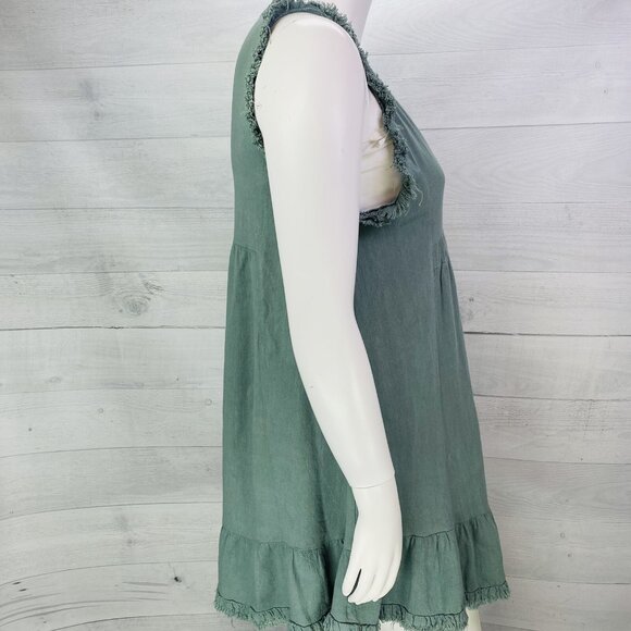 Umgee Teal Green Linen Blend V Neck Sleeveless Raw Hem Ruffle Boho Dress Sz L - Picture 4 of 13
